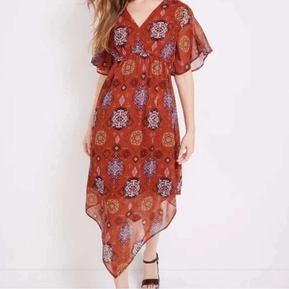 Maurice’s Medallion  Bohemian Rust High Low Patterned Midi Dress size Medium - Picture 2 of 16